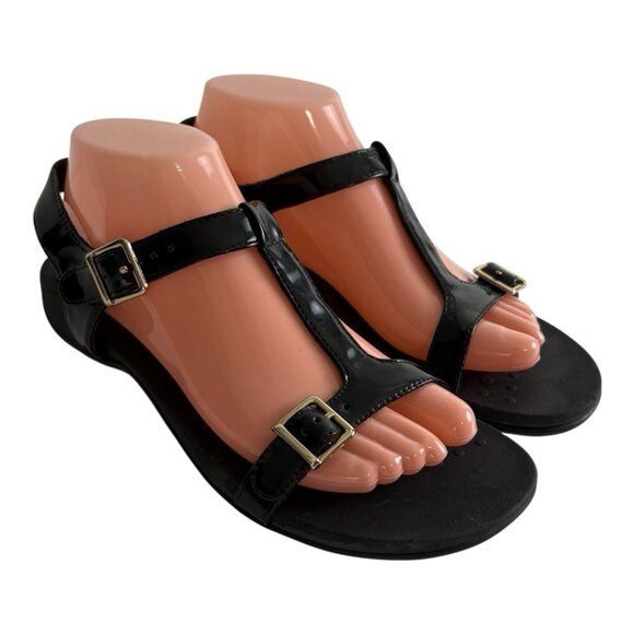 Vionic Patient Black Adrian Arch Support strappy Sandals Size 8 Leather Comfort - Picture 1 of 9